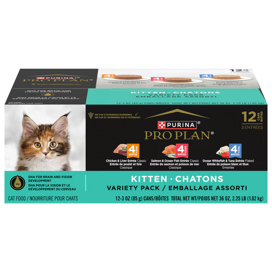 Pro Plan Cat Canned Variety Kitten Chicken Liver, Salmon, Ocean Fish 12 Pack (85g)